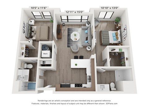 Floor plan for 2 beds, 2 baths, 907 sqft